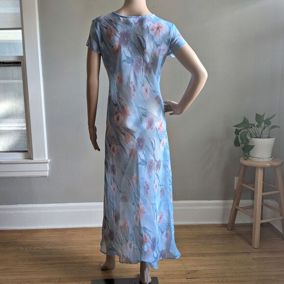 Vintage Y2K Express Blue Maxi Dress Semi Sheer Overlay Floral Fairycore Size 3-4 - Picture 3 of 11